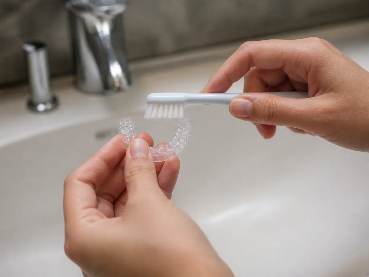 Soft toothbrush cleaning a clear aligner under lukewarm tap water