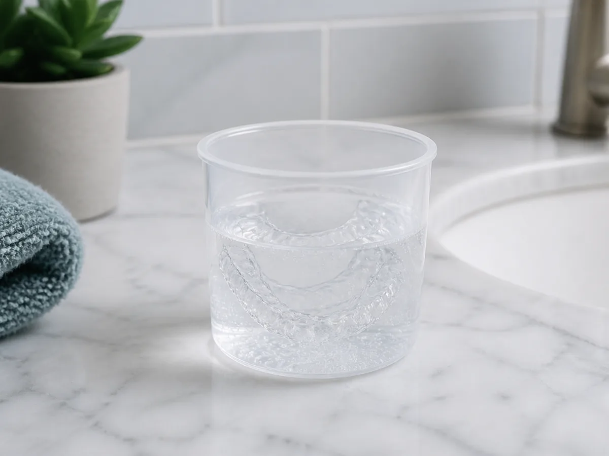Clean clear aligners drying beside an open ventilated case on a bathroom counter