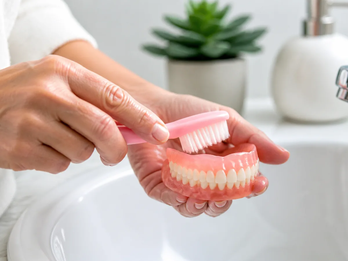 Hands brushing a full denture with a soft denture brush over a sink