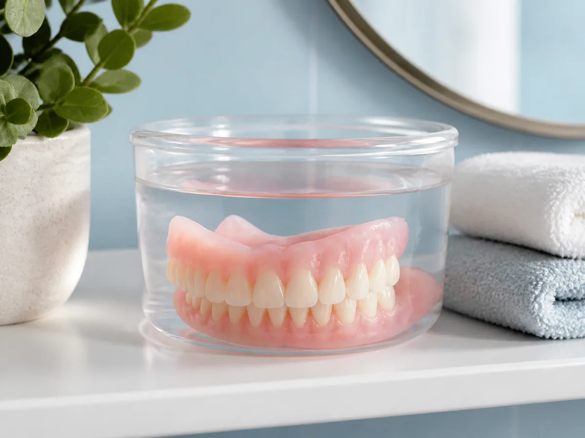 Dentures soaking overnight in a clear container with recommended cleanser