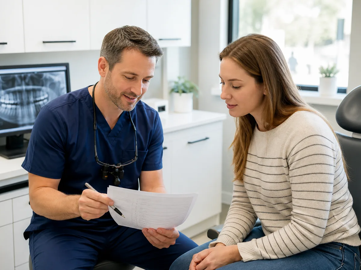 Patient confirming fasting and medication instructions by phone with an oral surgery office