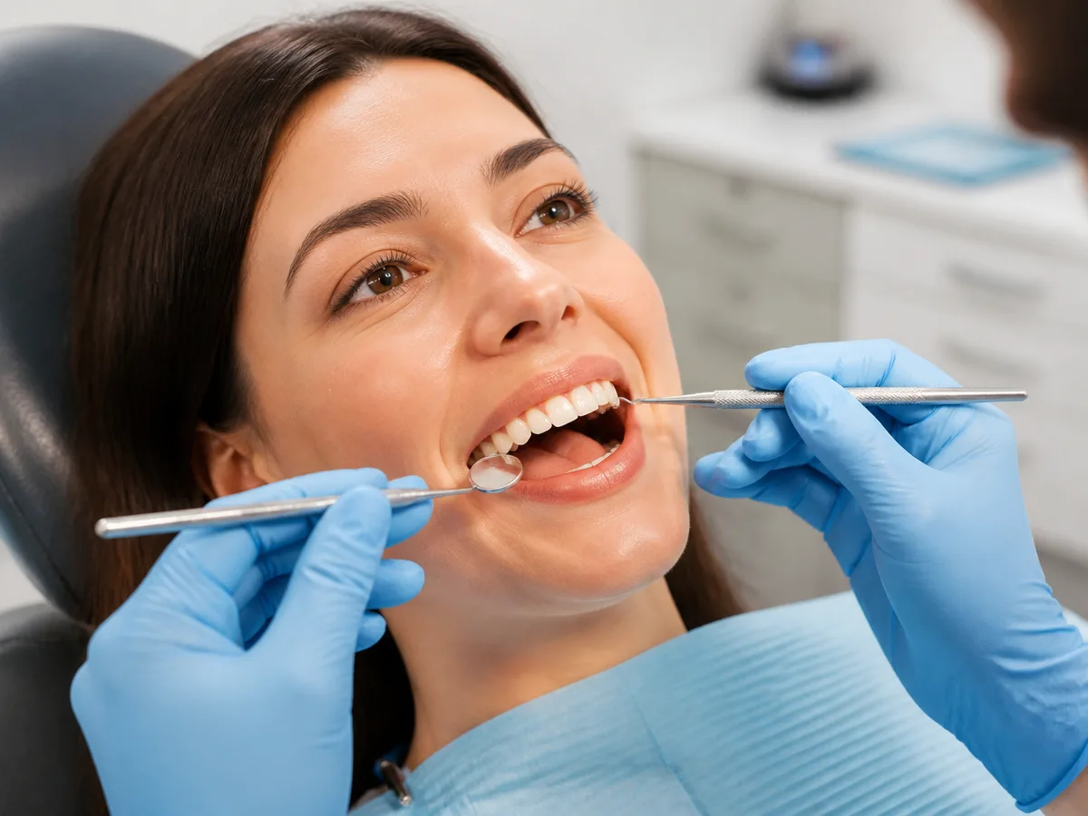 Dental hygienist demonstrating gumline brushing technique to a patient