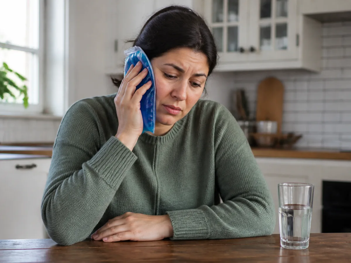 Person rinsing with warm salt water while avoiding chewing on a sore tooth
