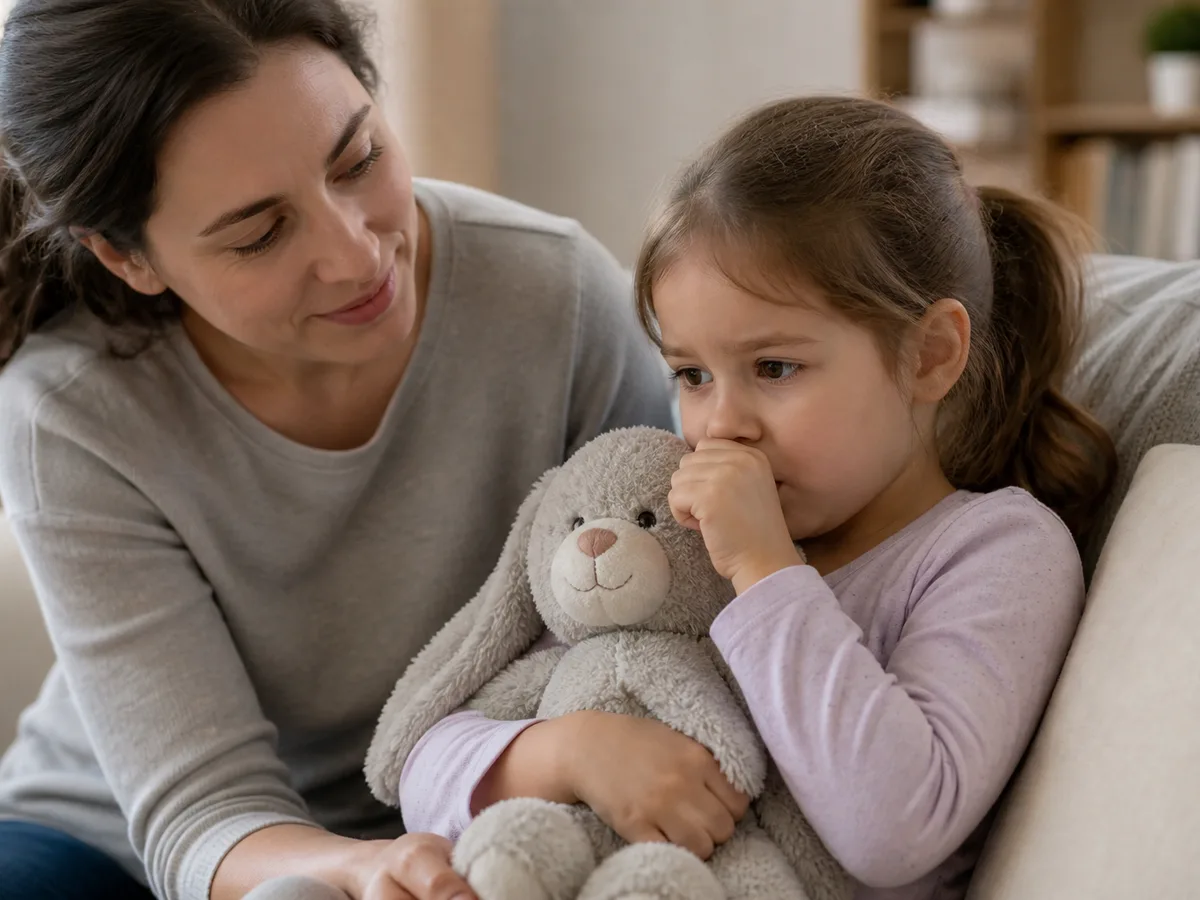 Child placing a sticker on a thumb-sucking reward chart with a parent