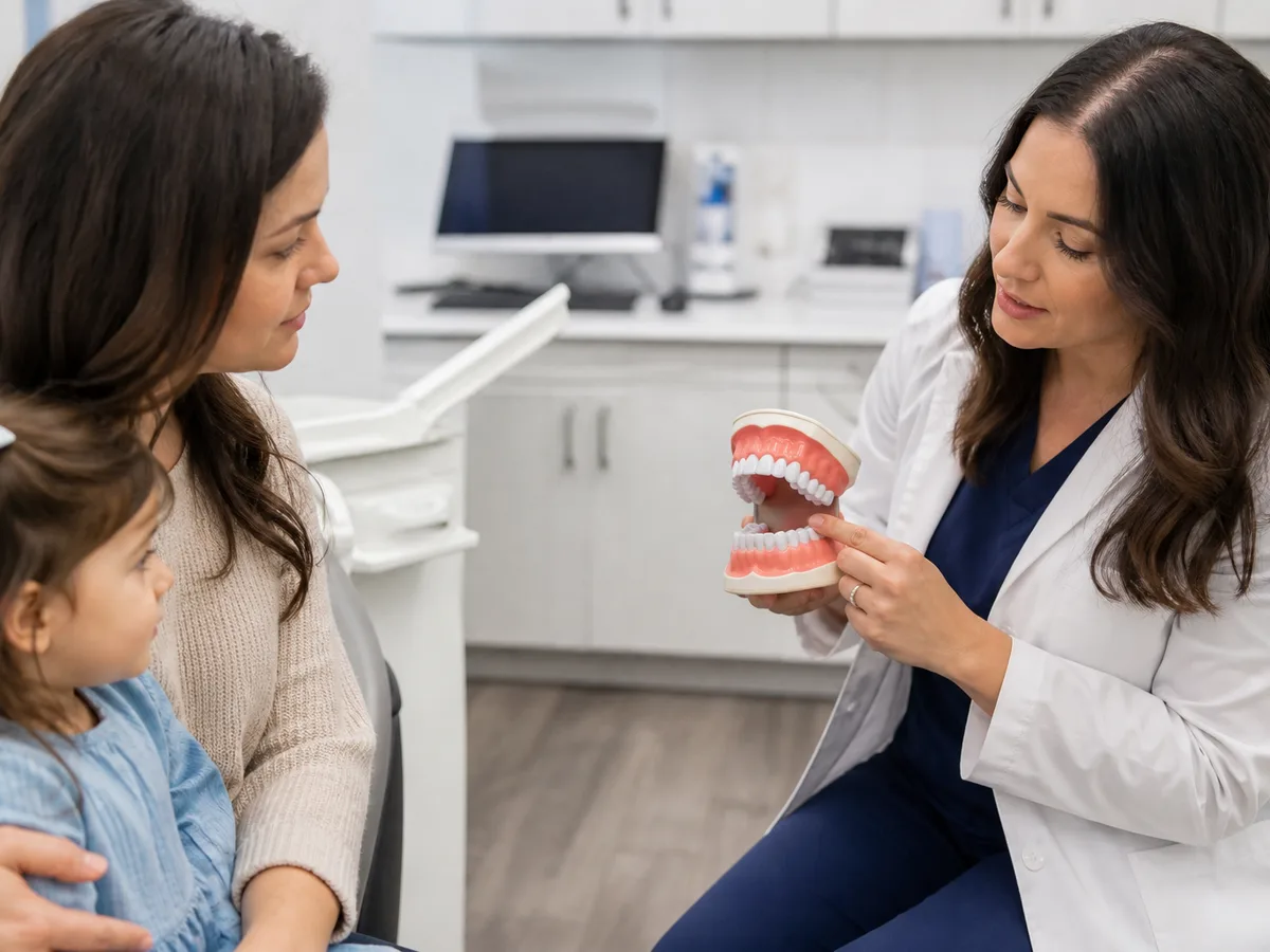 Pediatric dentist showing a child how thumb sucking can affect front teeth