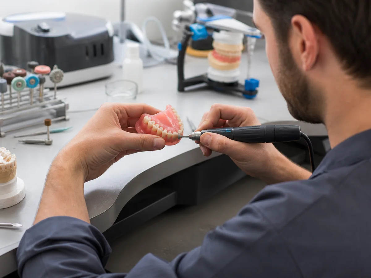 Denture lab technician finishing an immediate full denture before extraction day