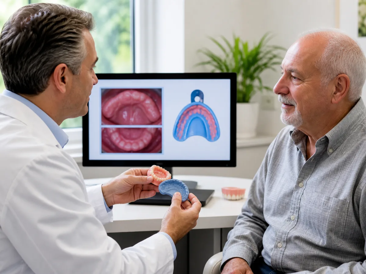 Dentist discussing conventional denture impressions after healed ridges