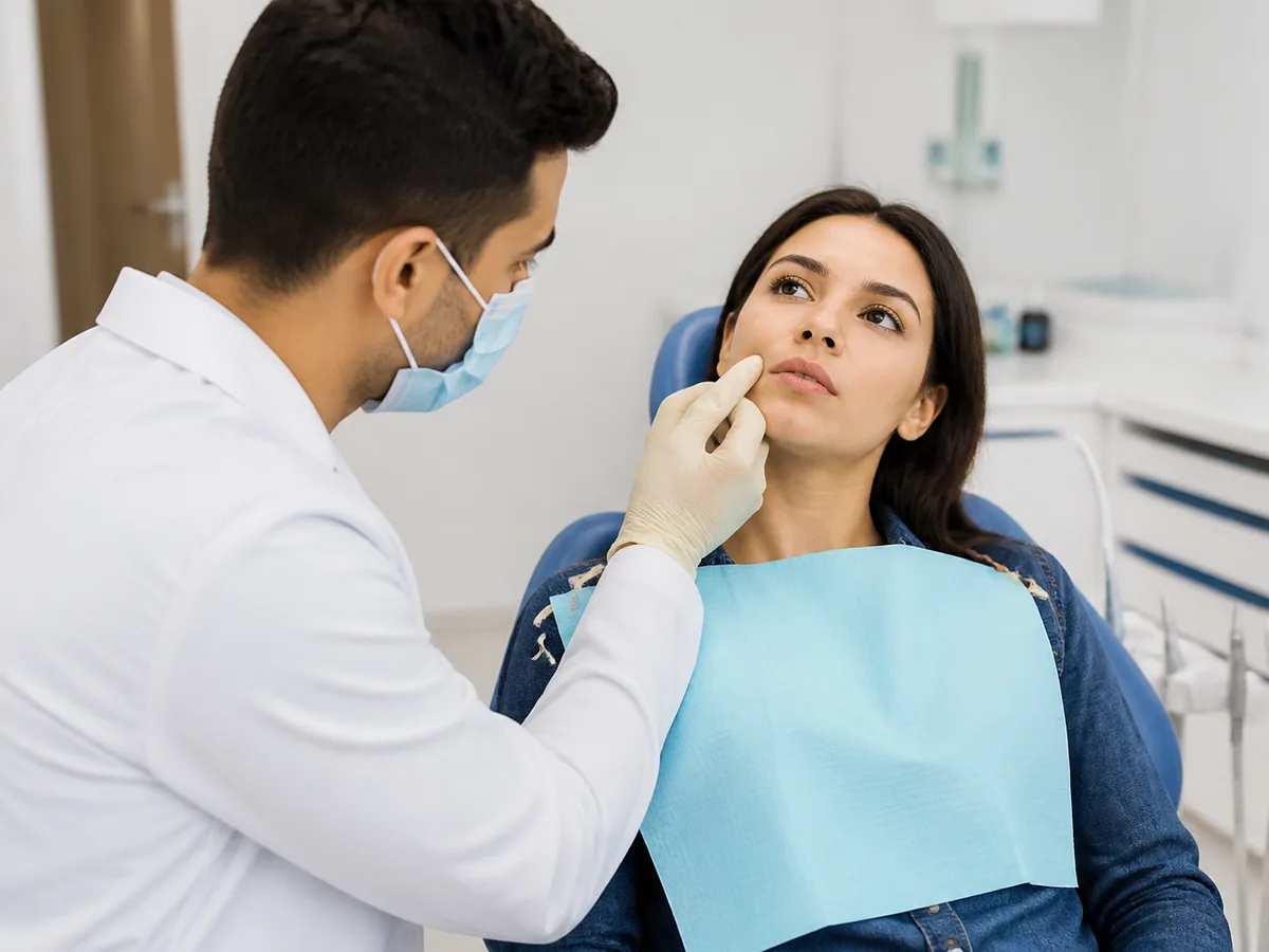 Clinician examining lymph nodes and facial swelling after tooth removal