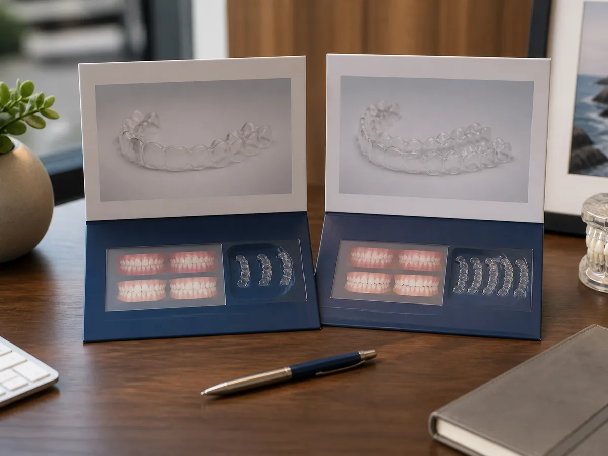 Calendar and aligner boxes illustrating shorter versus longer clear aligner plans