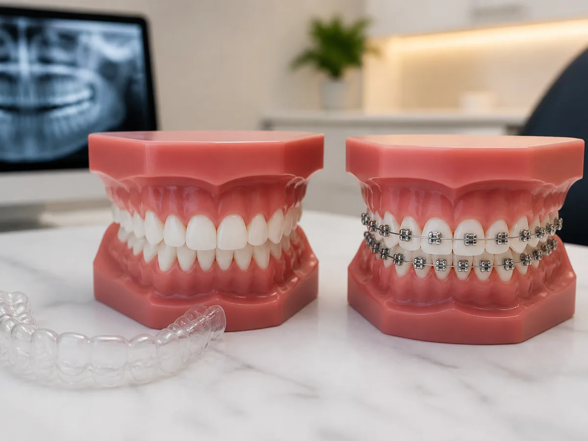 Orthodontist reviewing a digital bite scan beside clear aligners and braces models