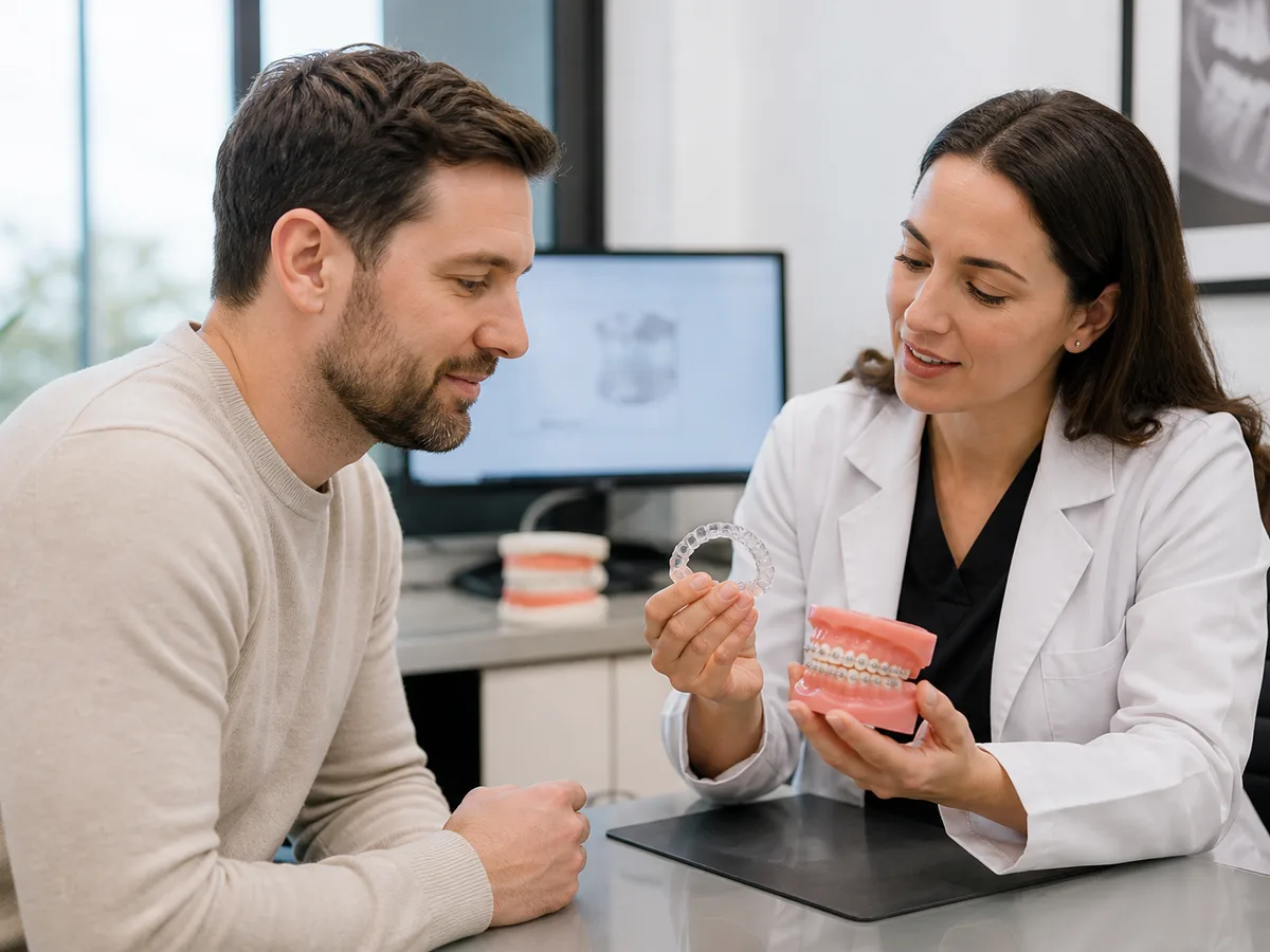 Patient holding a clear aligner tray while looking at a braces education chart