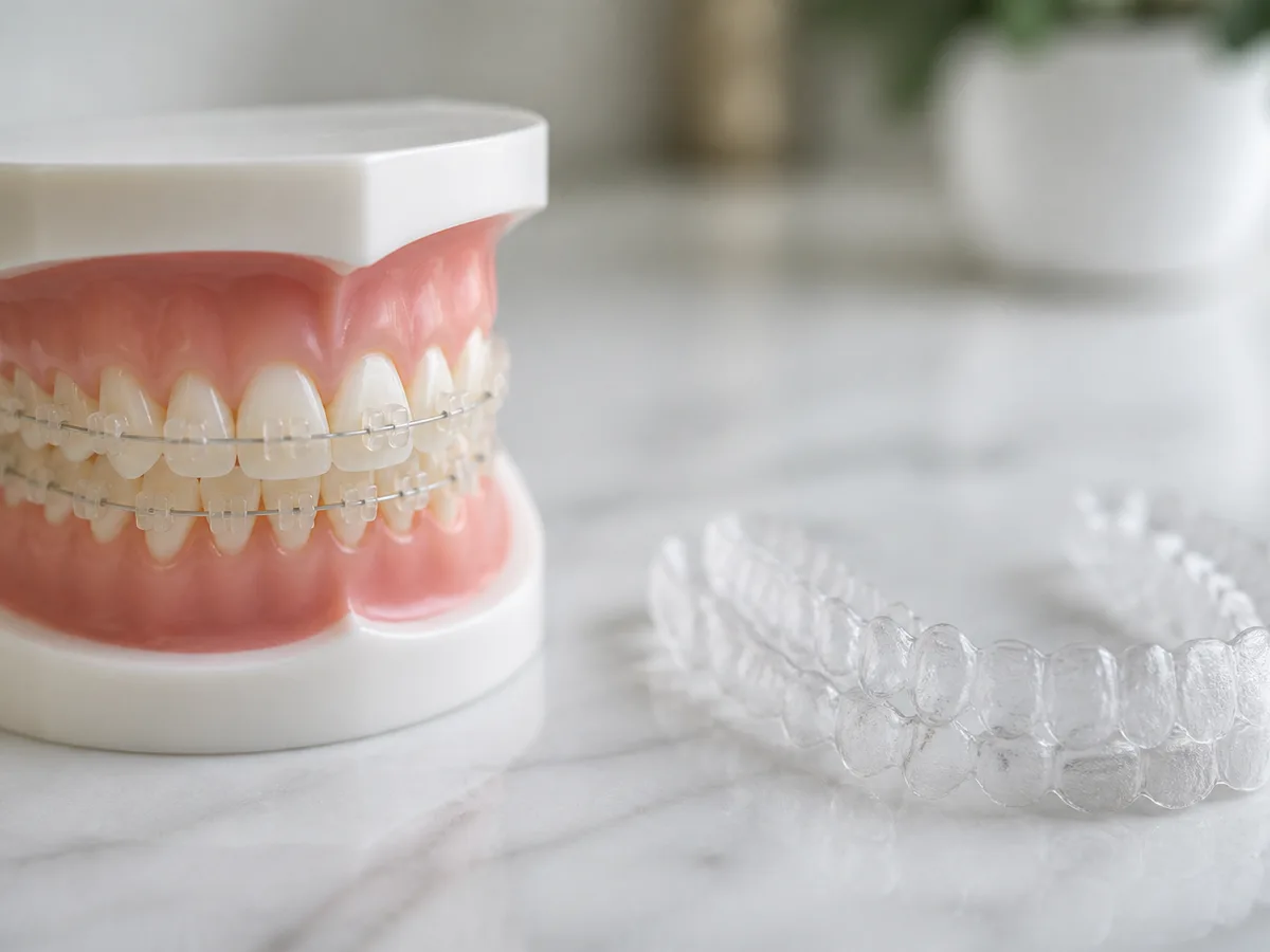 Adult patient comparing clear aligner trays and ceramic braces in a handheld mirror