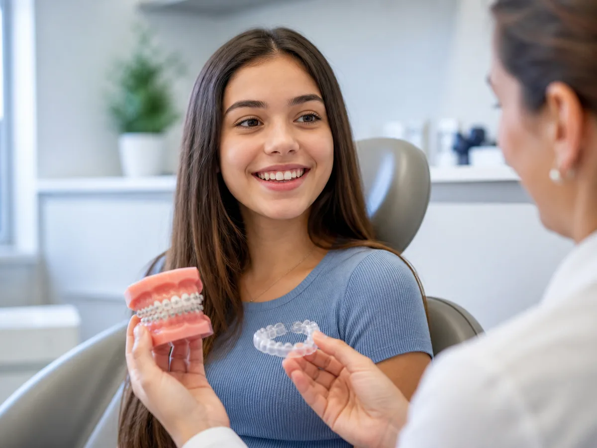 Orthodontic consult desk with ceramic bracket kit and clear aligner packaging