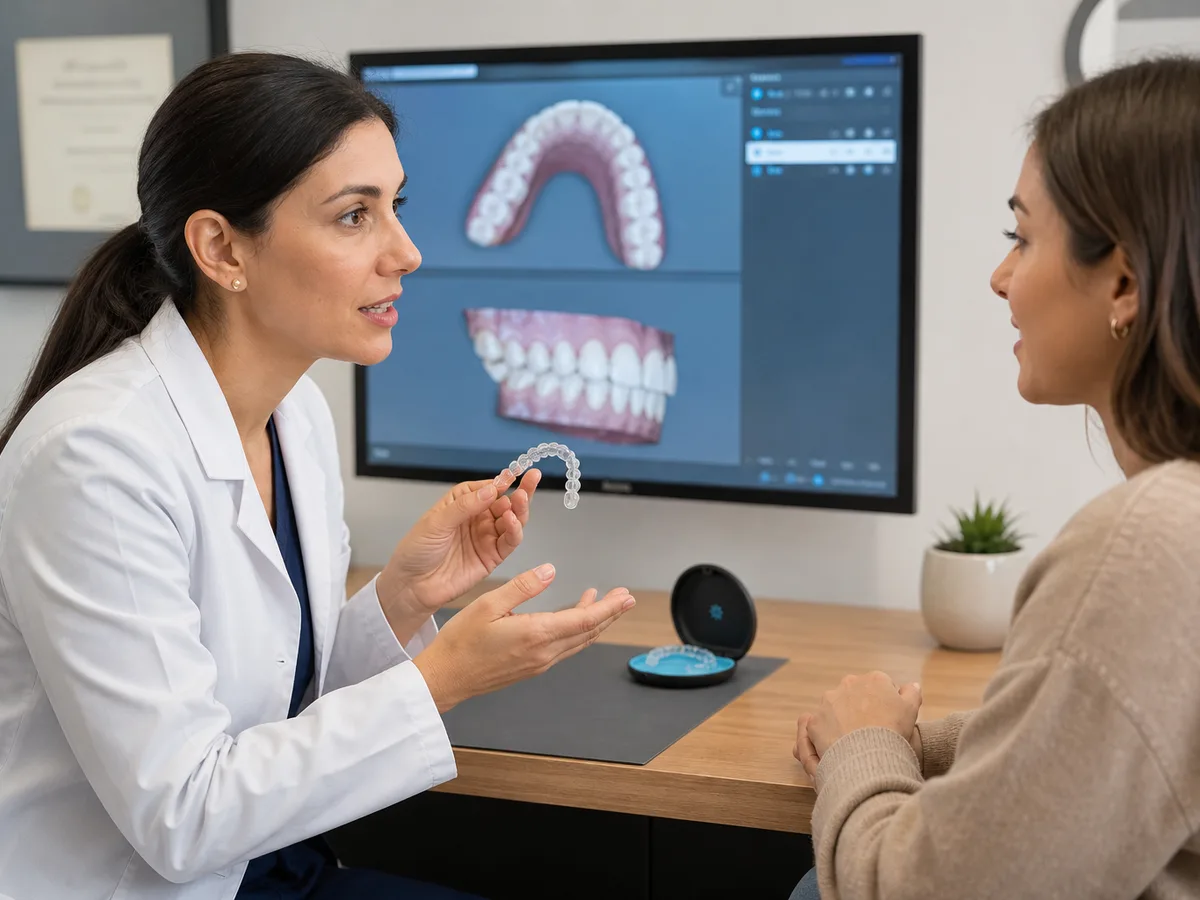 Dentist comparing two clear aligner treatment plans on a computer for the same patient