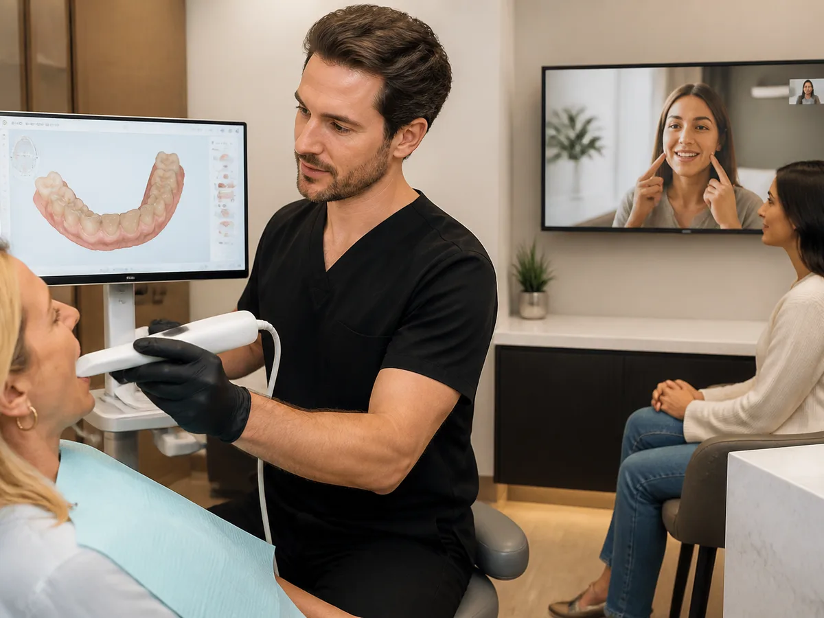 Patient discussing supervised aligner monitoring visits with a dental team