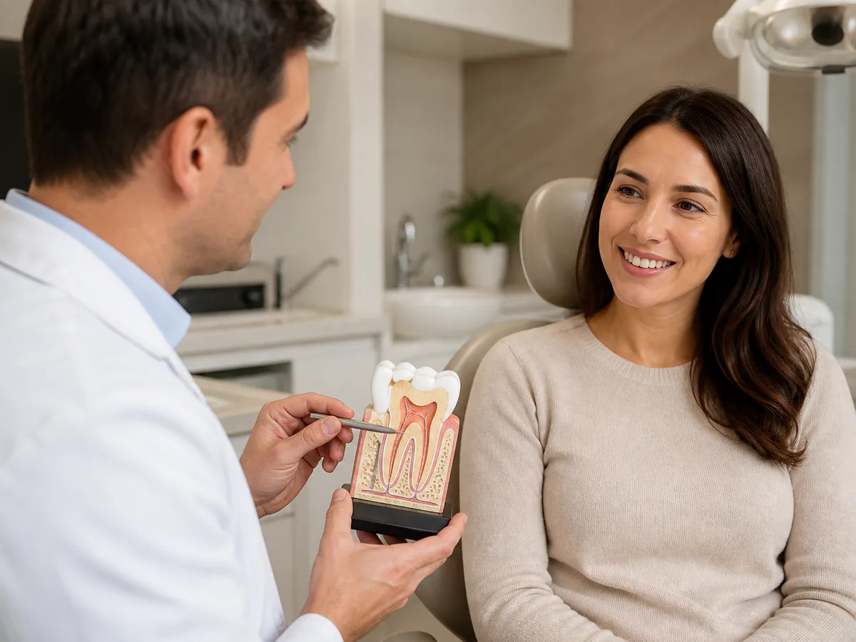Patient reviews medical history before root canal treatment
