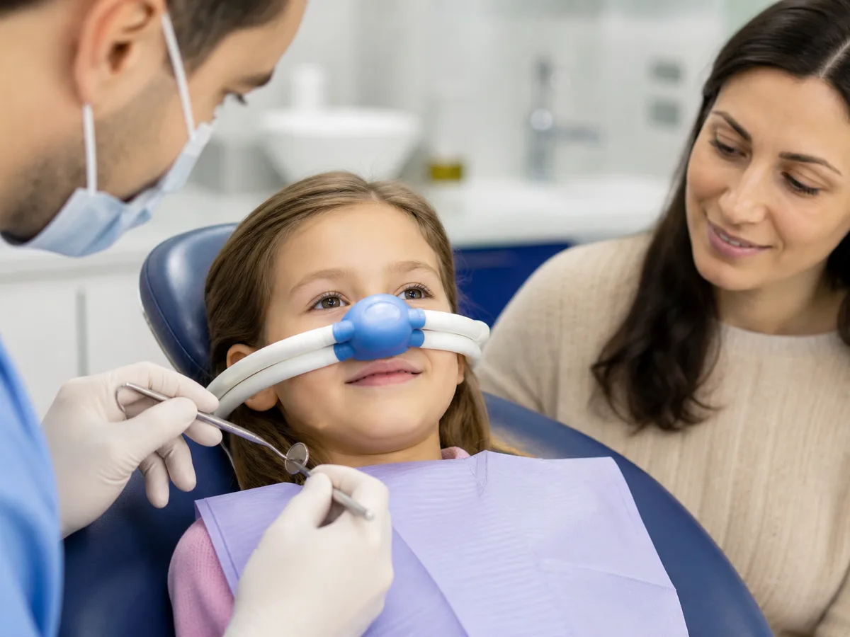 Pediatric dentist reviewing a child's health history before sedation