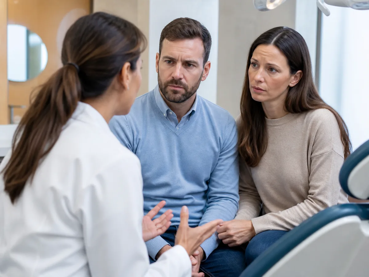 Parent receiving written recovery instructions after a child's dental sedation appointment