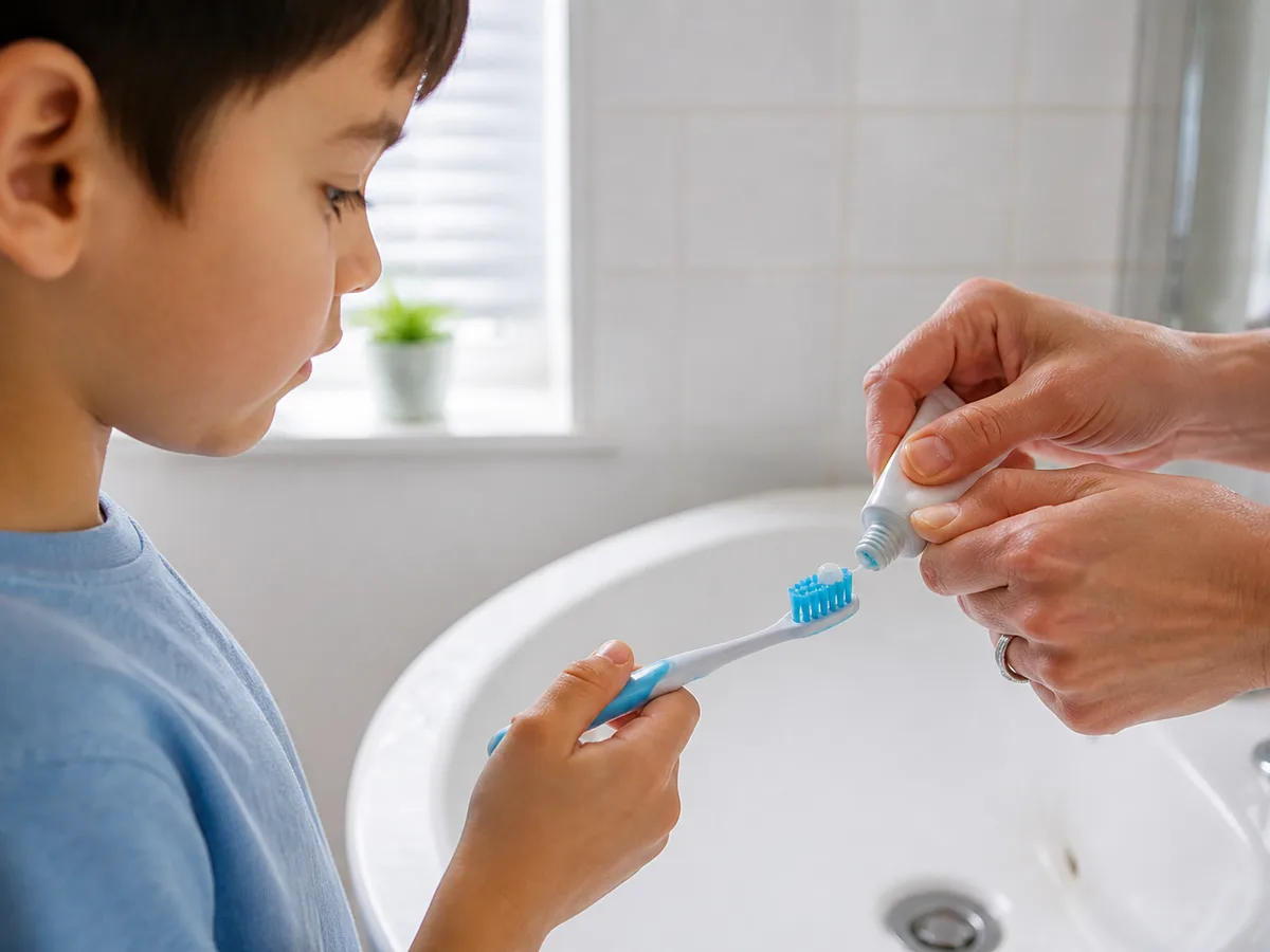 Parent measuring a rice-sized smear of fluoride toothpaste for a toddler