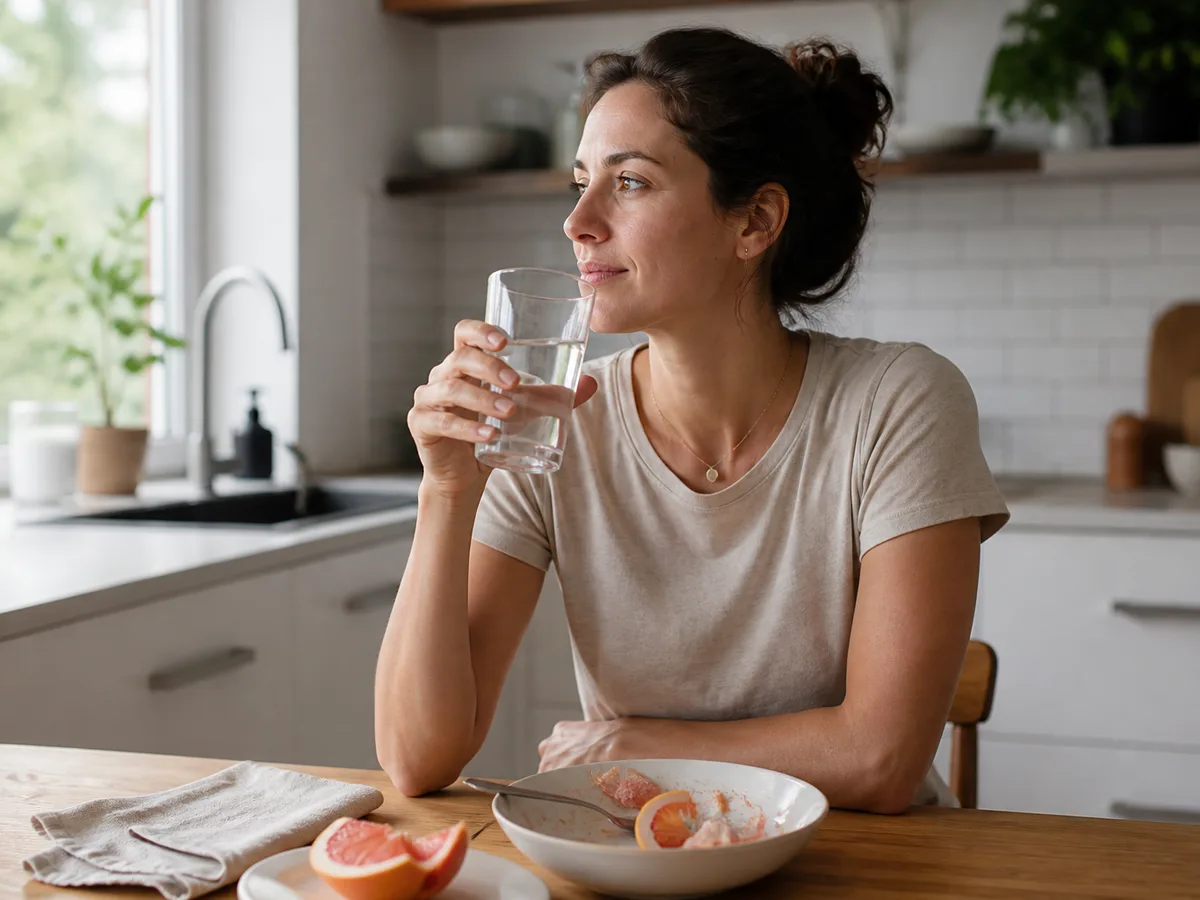 Person rinsing with water after drinking citrus juice before brushing