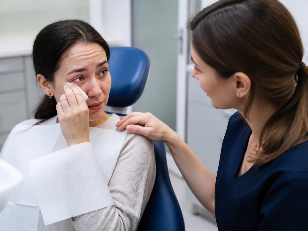 Compassionate dental professional speaking softly to a patient who has been crying