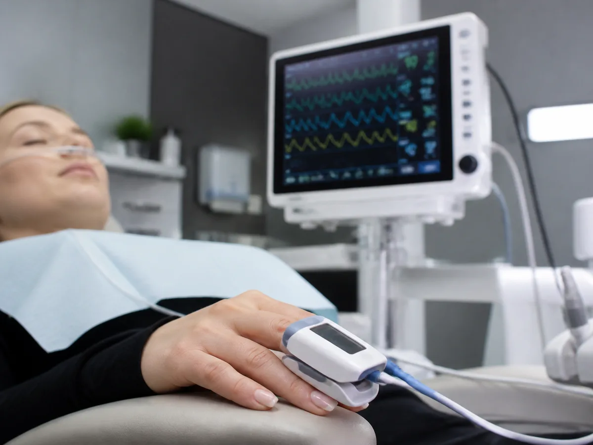 Patient discussing medical history and IV sedation risks with an oral surgeon before treatment