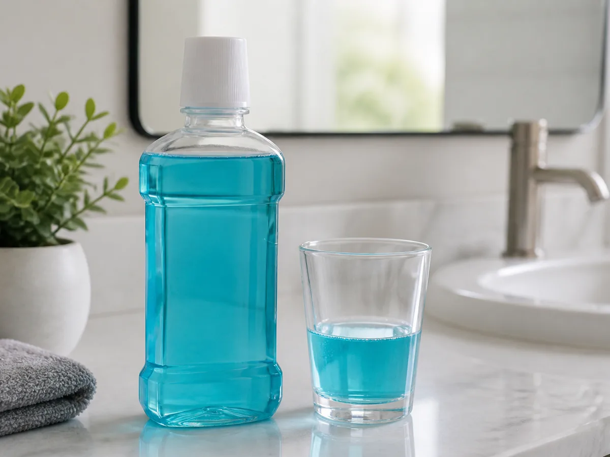 Person measuring a capful of fluoride mouthwash after nighttime flossing