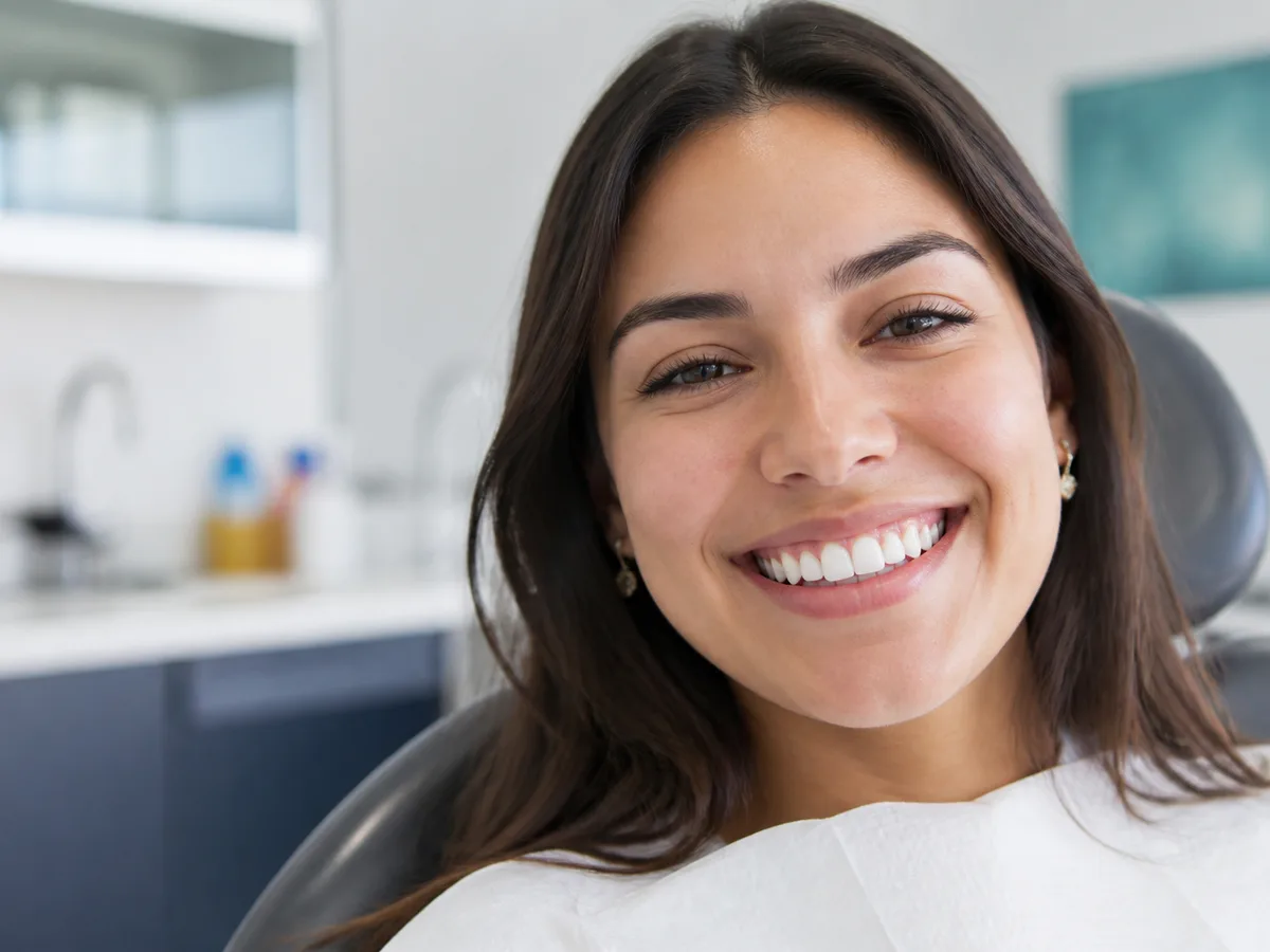 Dental professional explaining whitening options on a shade guide