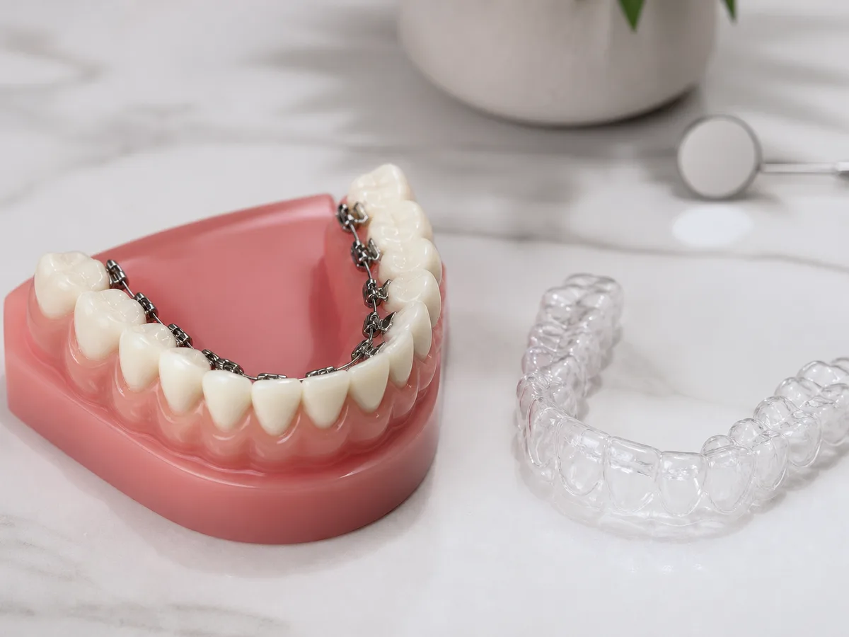 Close view of lingual braces on the tongue side of lower front teeth