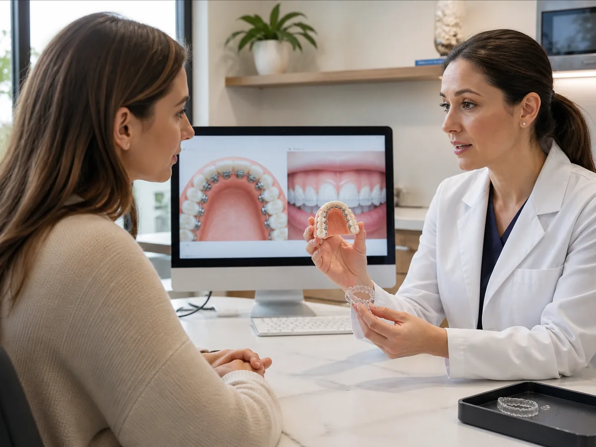 Patient practicing speech while wearing clear aligners during an orthodontic visit