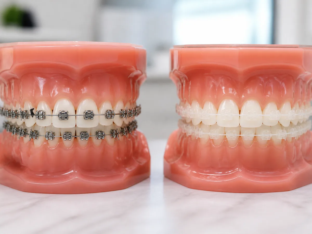 Close view of metal and ceramic brackets on orthodontic models