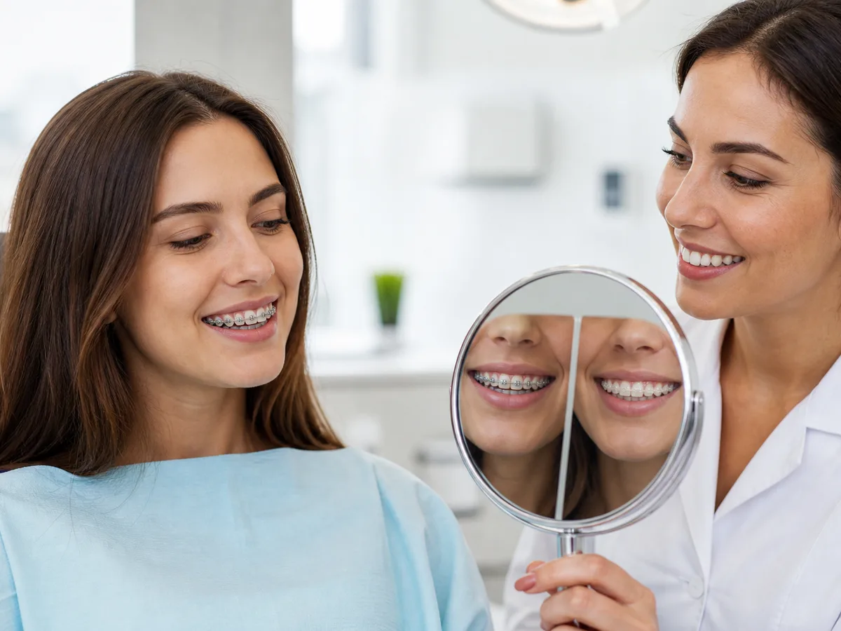 Orthodontist showing a patient ceramic and metal braces shade options