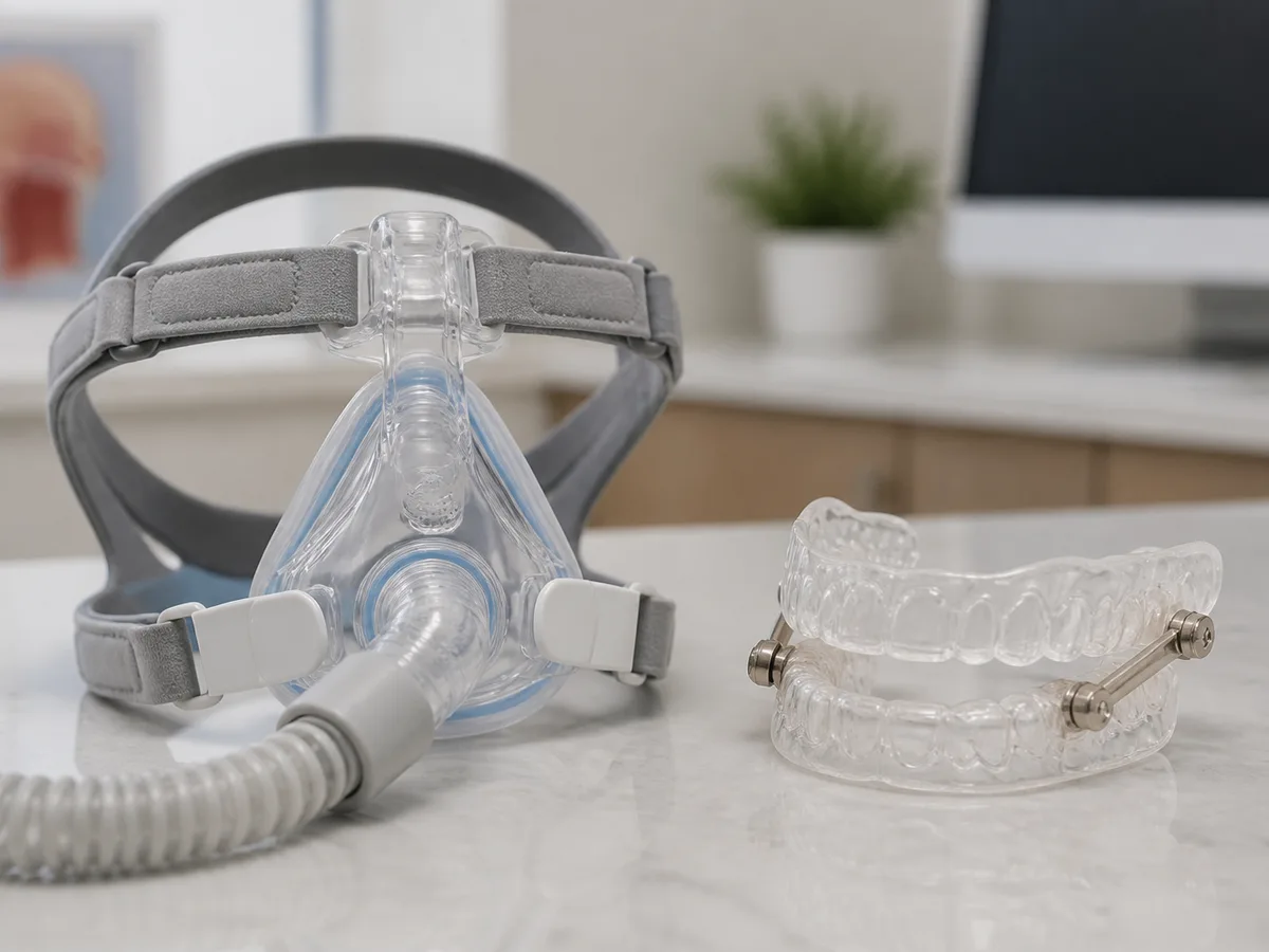 Person packing a compact oral sleep appliance case next to a larger CPAP travel bag