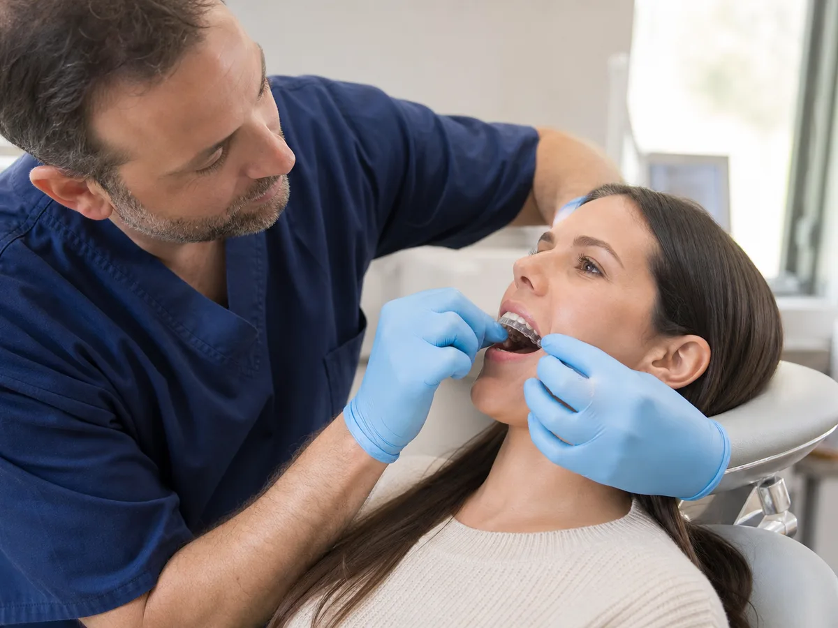 Dentist adjusting an oral sleep appliance after a patient reports morning tooth tenderness