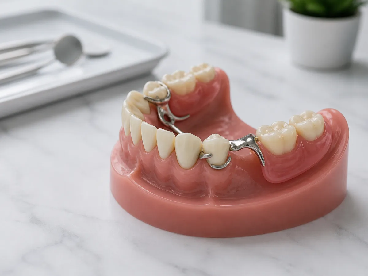 Removable partial denture with clasps on a model of remaining natural teeth