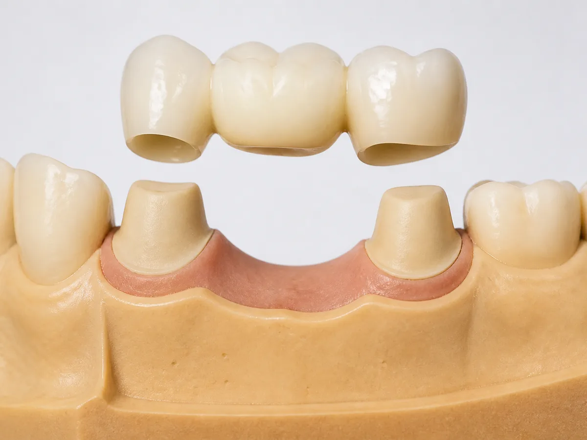 Fixed dental bridge on a model spanning a missing tooth space
