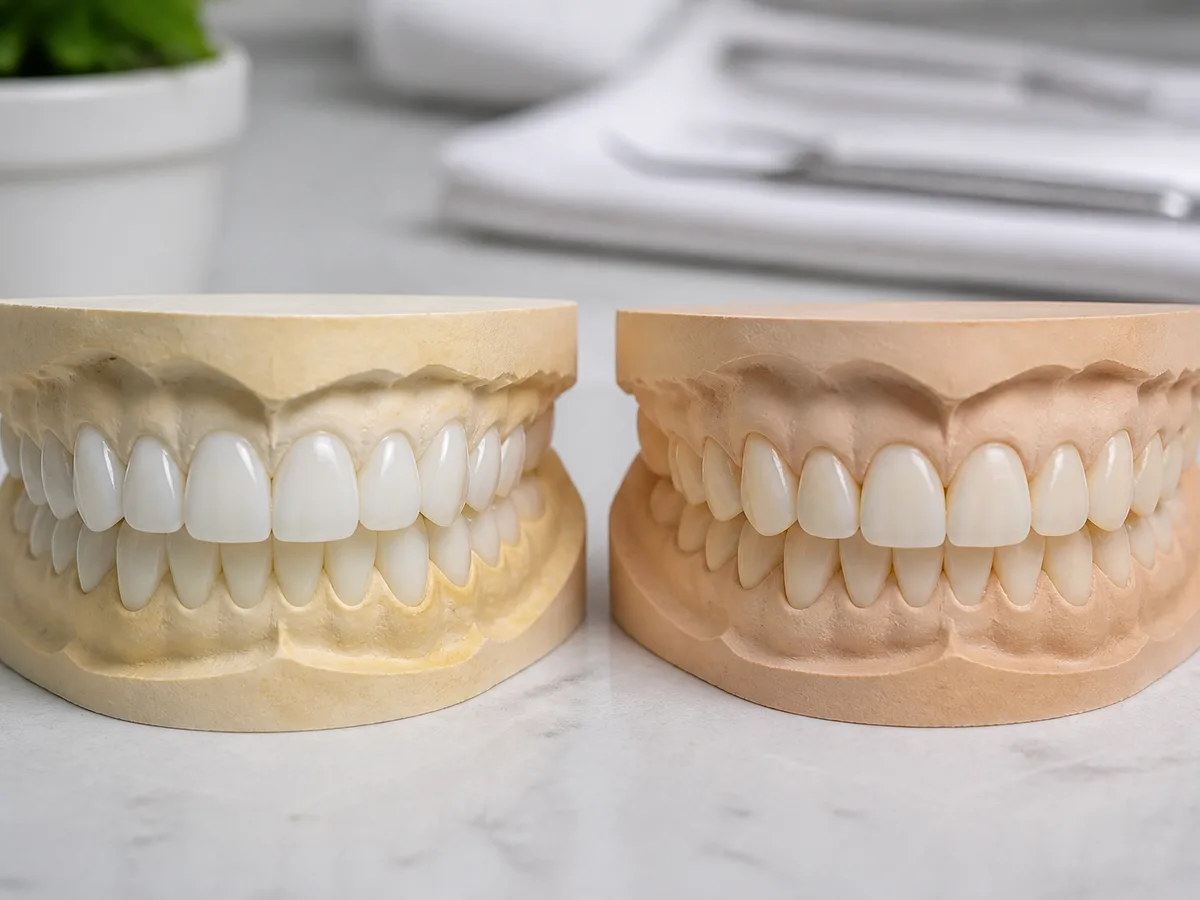 Cosmetic dentist comparing porcelain veneer shell with composite resin on a model