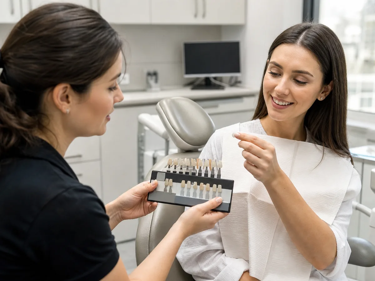 Patient viewing veneer shade samples during a smile design consultation