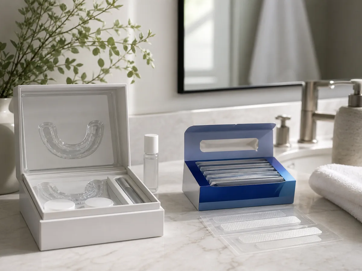 Dentist comparing custom whitening trays with boxed whitening strips