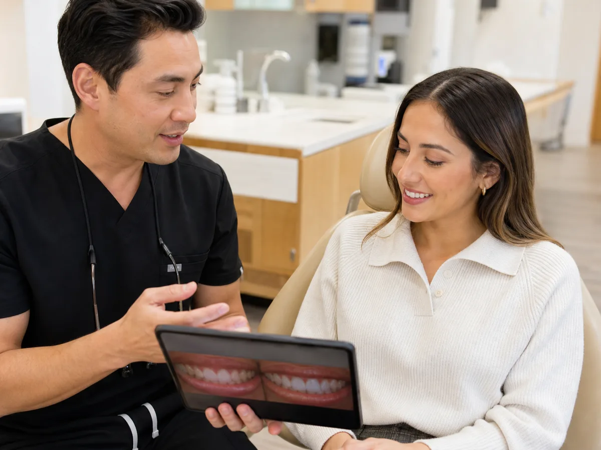 Patient reviewing a shade guide after whitening consultation