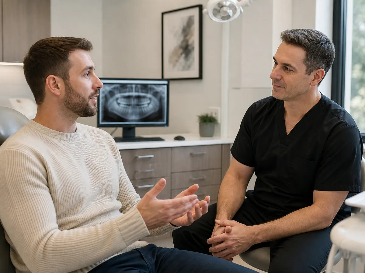 Anxious patient asking about stop signals and sedation options during a consult