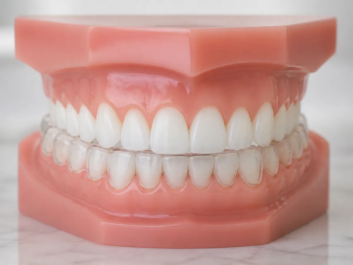 Person cleaning a clear retainer over a sink with a soft brush
