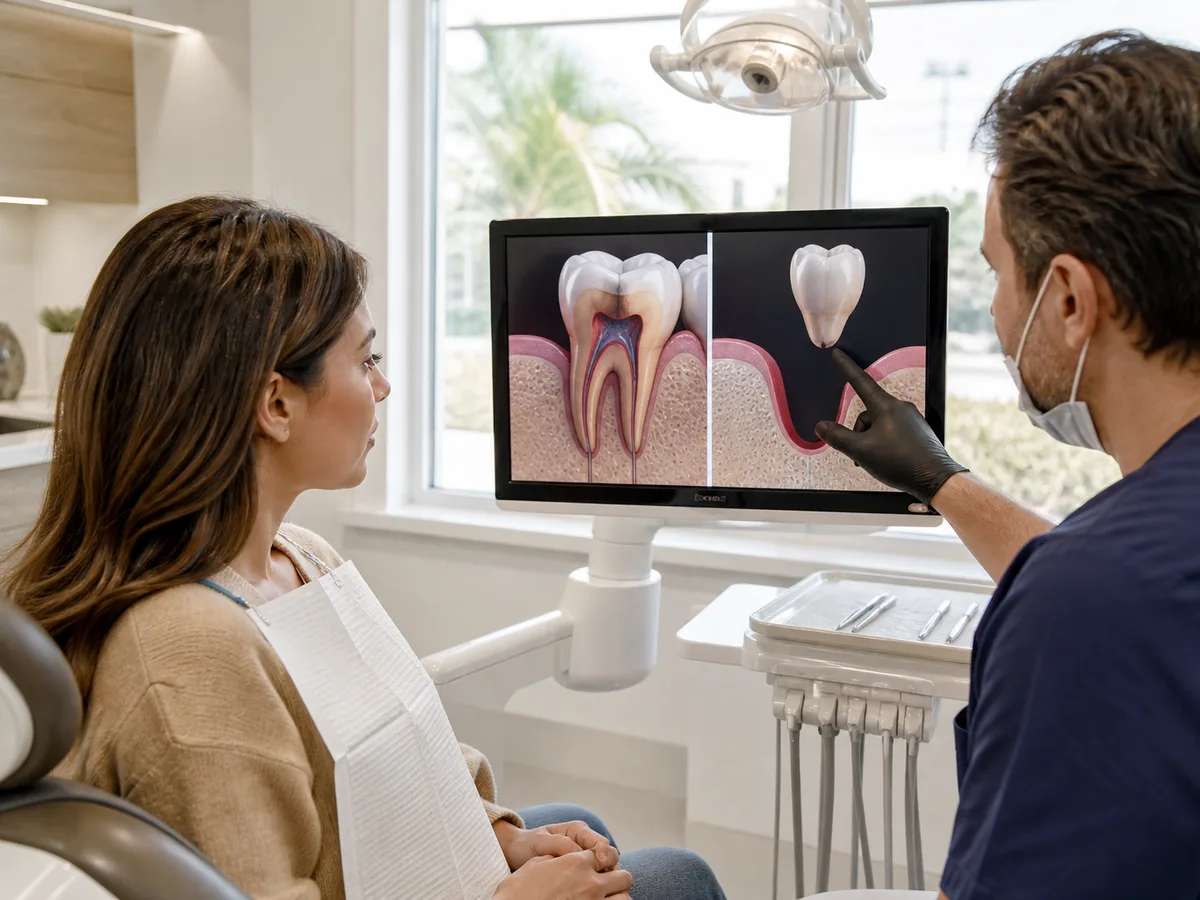 Patient reviews crown and implant models during a dental consultation