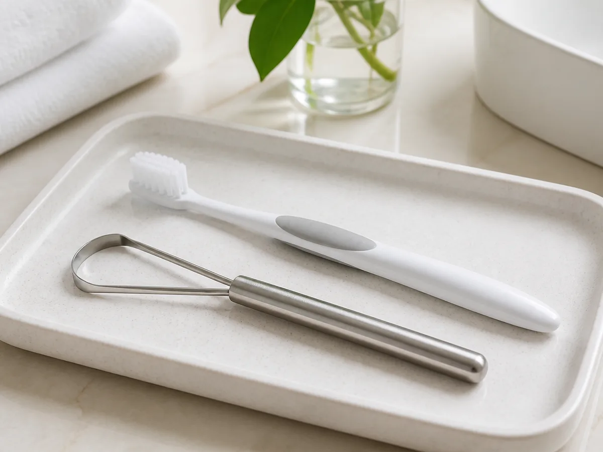 Tongue scraper being pulled gently from back to front under bathroom light
