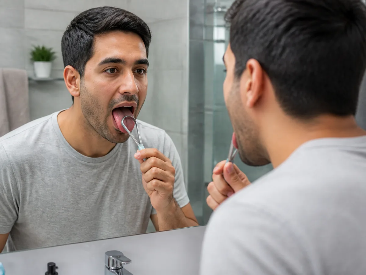 Patient asking a dentist about persistent tongue coating and breath concerns