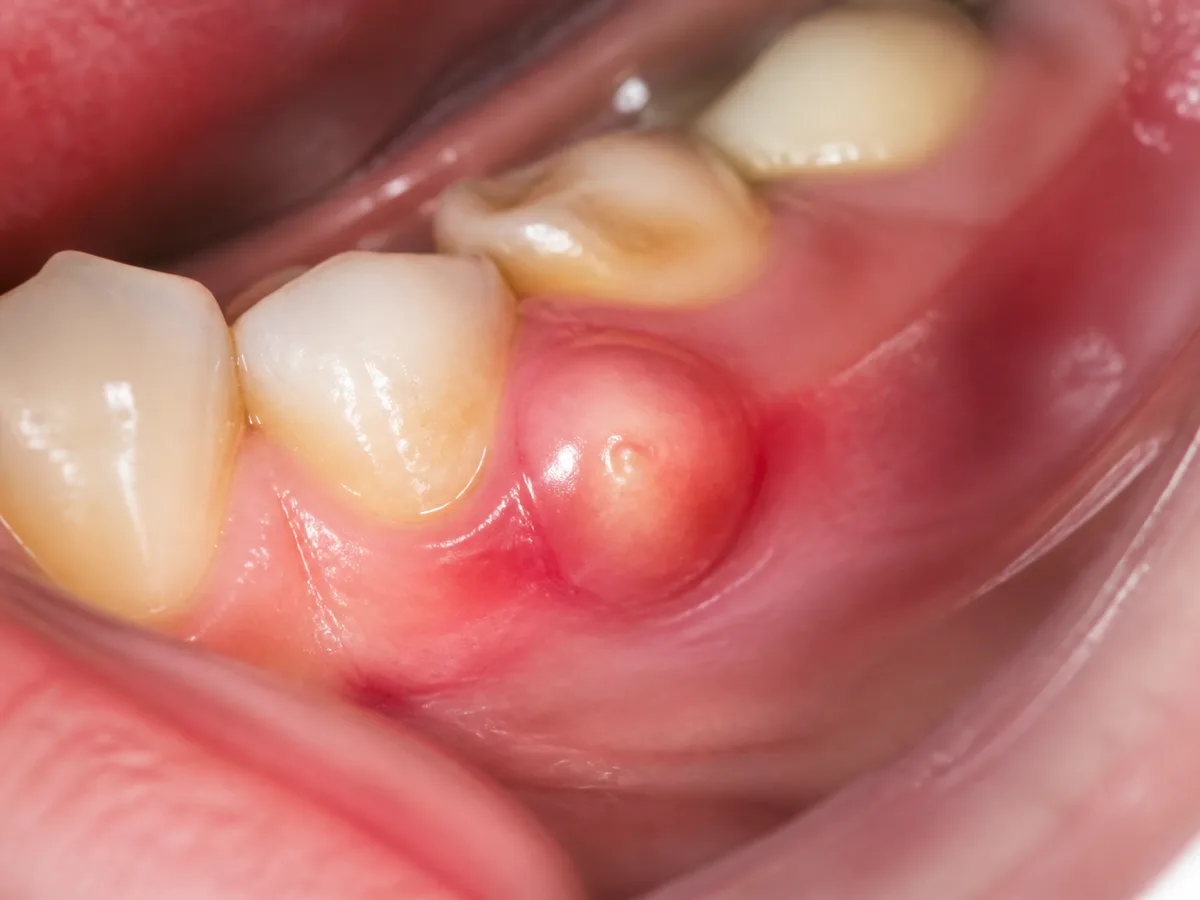 Swollen gum near a painful tooth shown on a dental model