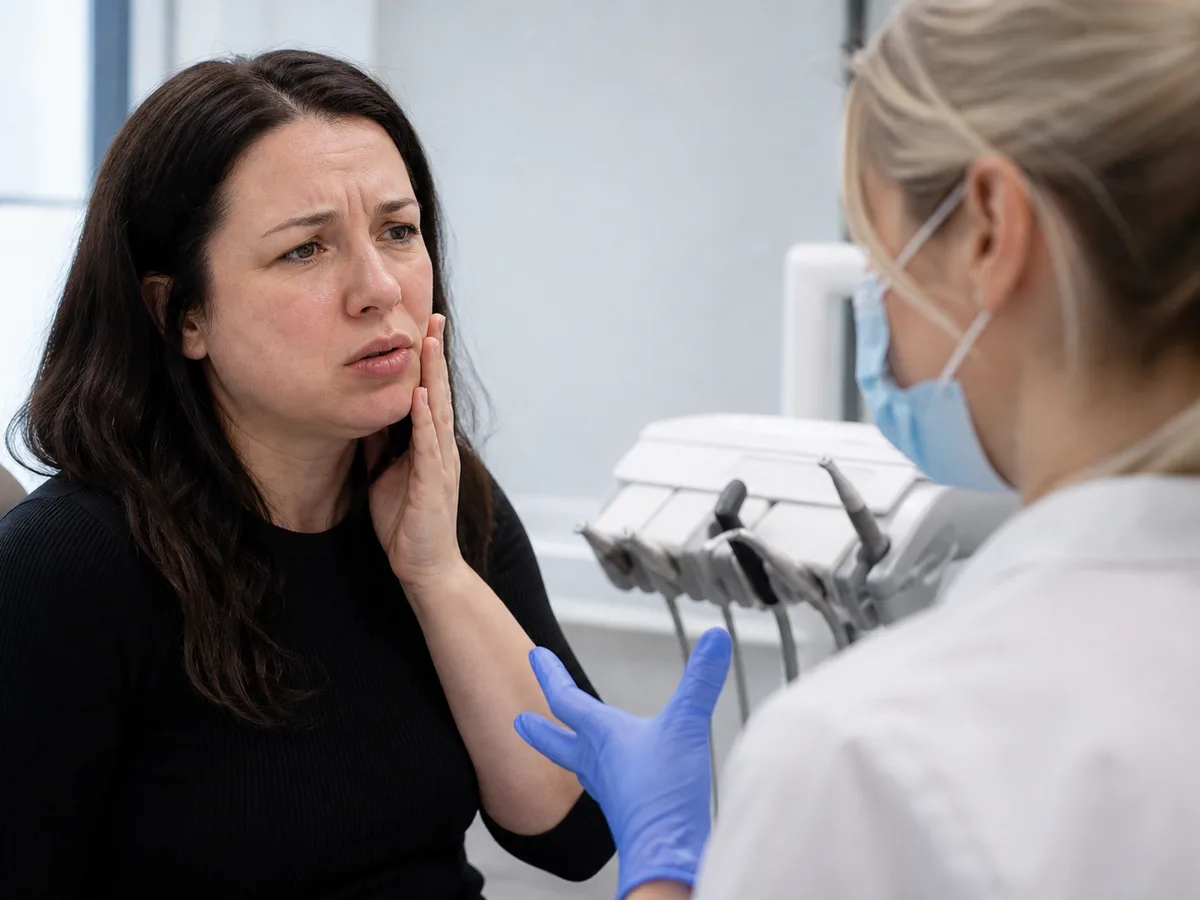 Dental clinician explaining abscess treatment options with an X-ray on screen