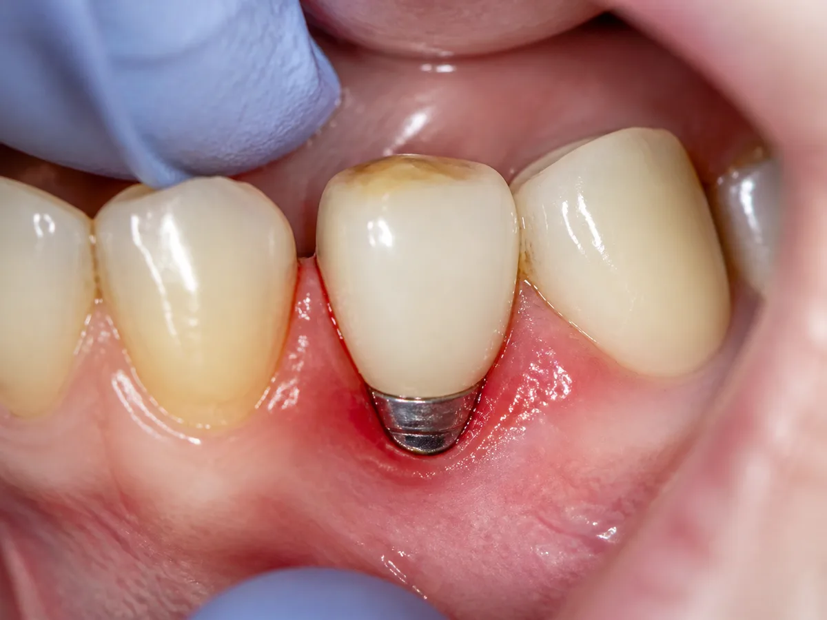 Close-up of inflamed gum tissue around a dental implant crown needing evaluation