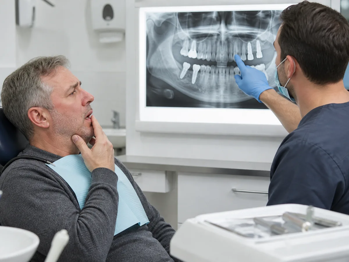 Emergency dental visit evaluating a painful dental implant with clinical exam and X-ray