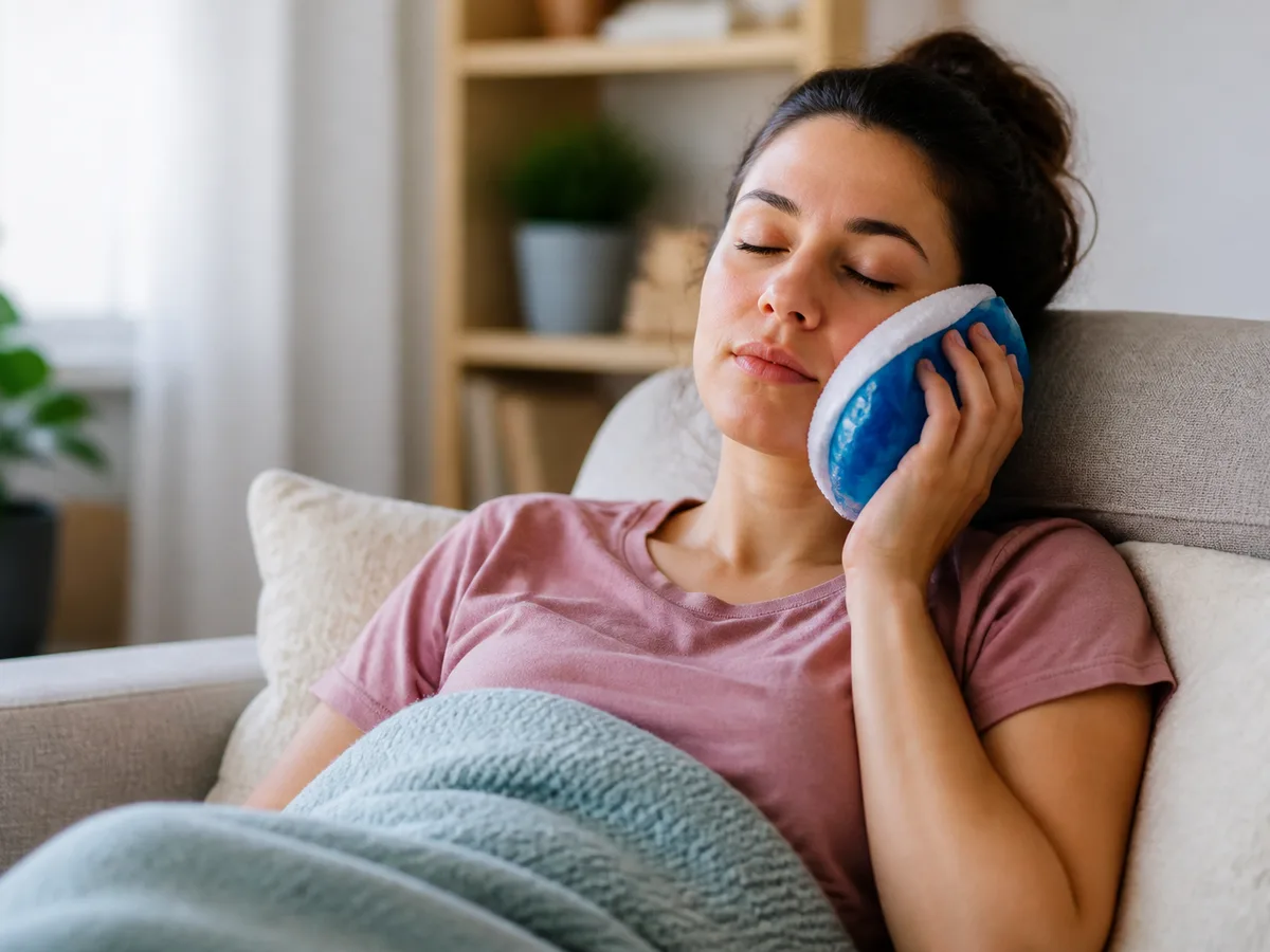 Wrapped ice pack applied to the cheek in short intervals after extraction